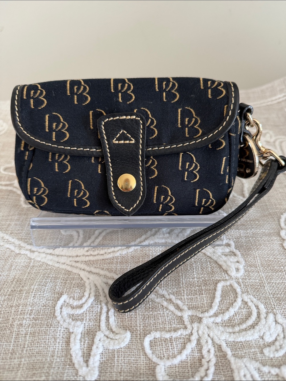 Dooney & Bourke DB Monogram Signature Canvas & Leather Trim Flap Wristlet
